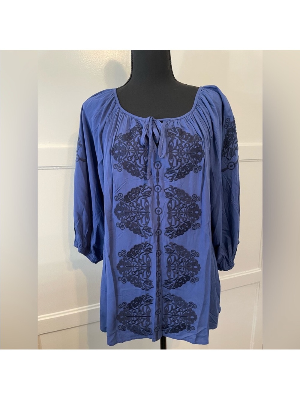 Solitaire Blue Embroidered Peasant Top